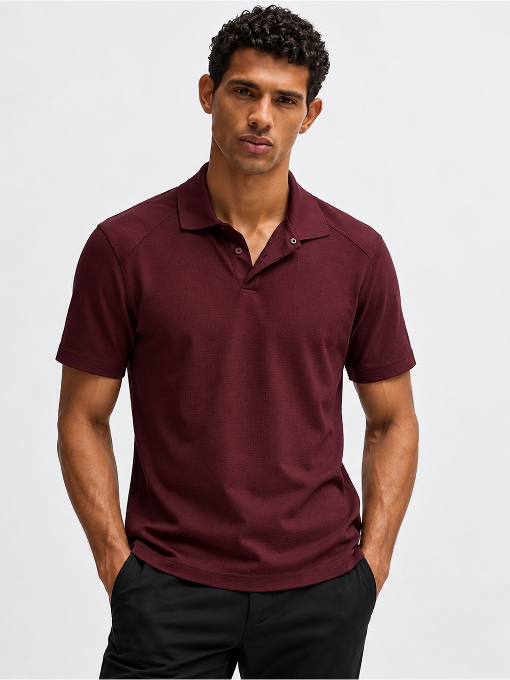 BOSS Polo Shirt Mens XL Burgundy Excellent Performance Snap Placket Textured